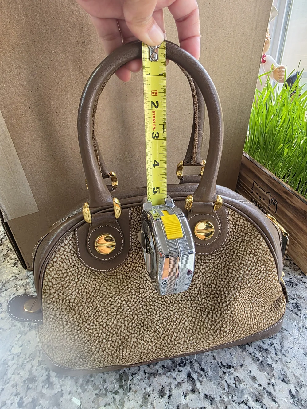 Vintage Borbonese Italy Brown Leather Satchel Dome Bag Gold Screw Hardware